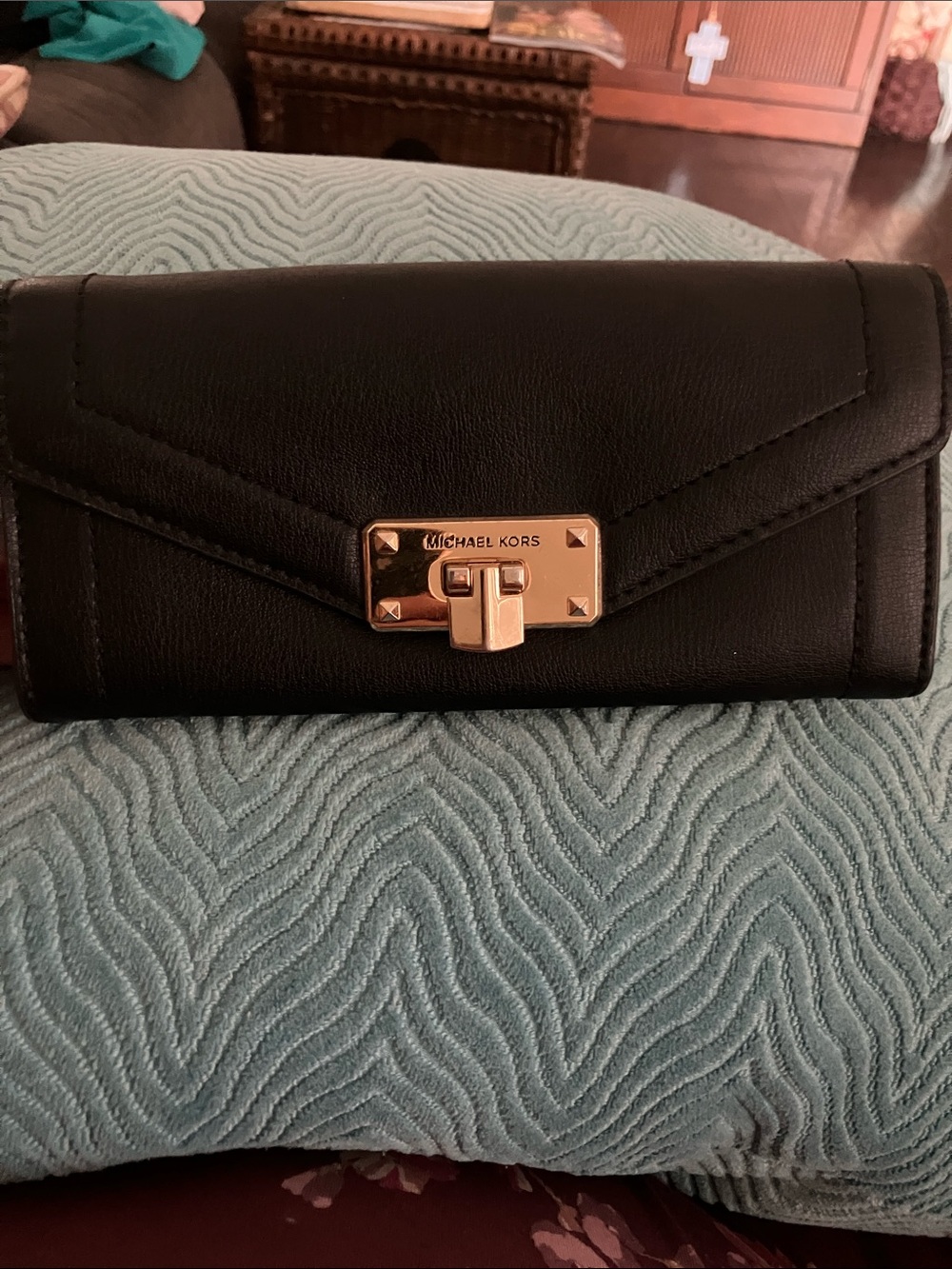 Michael Kors Black Leather Wallet with Gold Hardware Turn-Lock